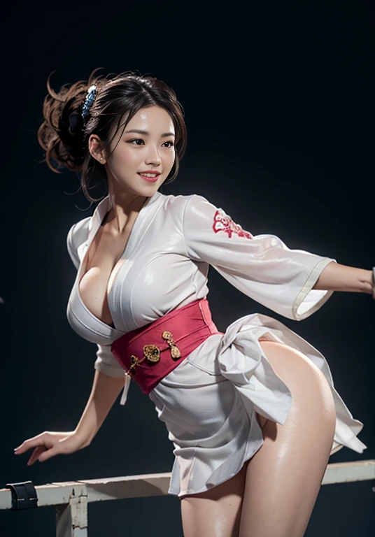 masterpiece , highest quality , From thin to transparent , Not worn ,((whole body)), Huge long saggy breasts, Looking at the audience,(A cute smiling Japanese woman, Cleavage),Cleavage, Split,((Lift one leg high and do a spinning kick)), Flying in the air, Perfect hands, Perfect hands指, Exactly, Perfect body, Perfect Face, Perfect Image Realism, Detailed Background, Detailed clothing , Superrealism, real, Unreal Engine, Rendering with Octane, 8k, Highest Resolution, Very detailed, (whole body女性の愛:0.6) , Combat Stance, Dynamic Angle, (Rotational Energy:0.7) , White skin ,Kimono dress ,External, News Post , Cinema Lighting, Perfect field of vision