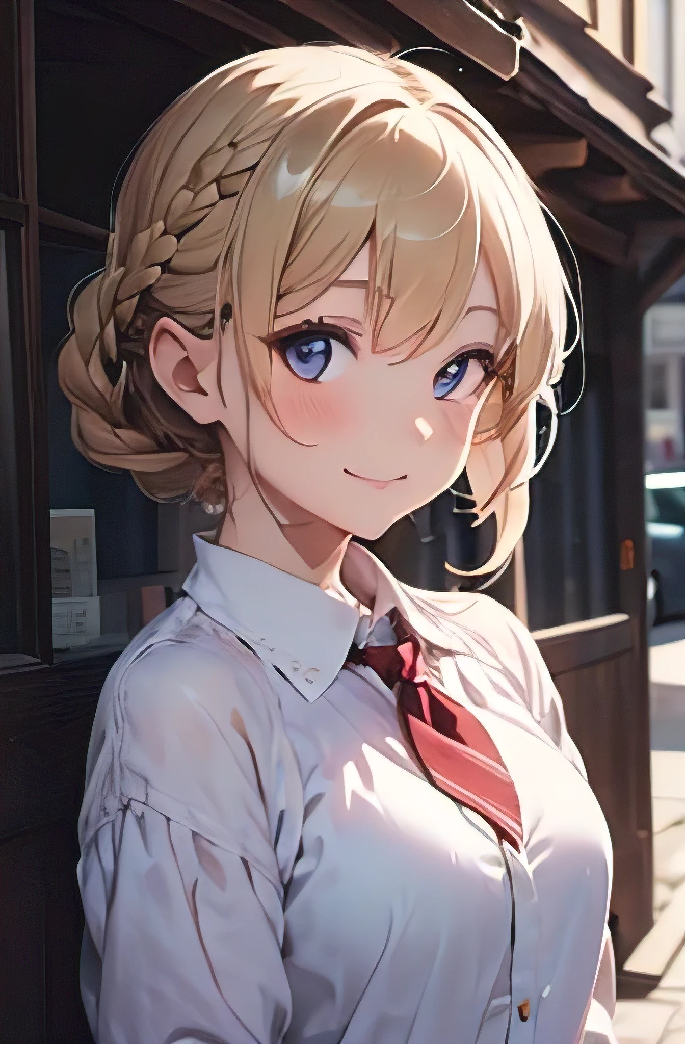 best_quality, masterpiece,white_hair, gold_eyes,white_clothes, looking_up, upper_body,hair_strand,Fair_skin,side_braids, smile