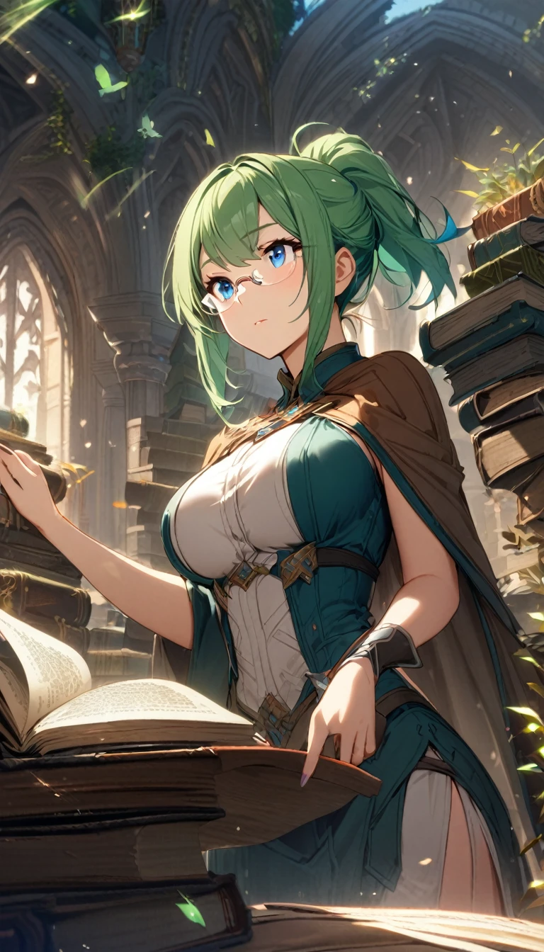 1girl,green hair,short ponytail,rimless eyewear,blue eyes,large breasts,fantasy,book,