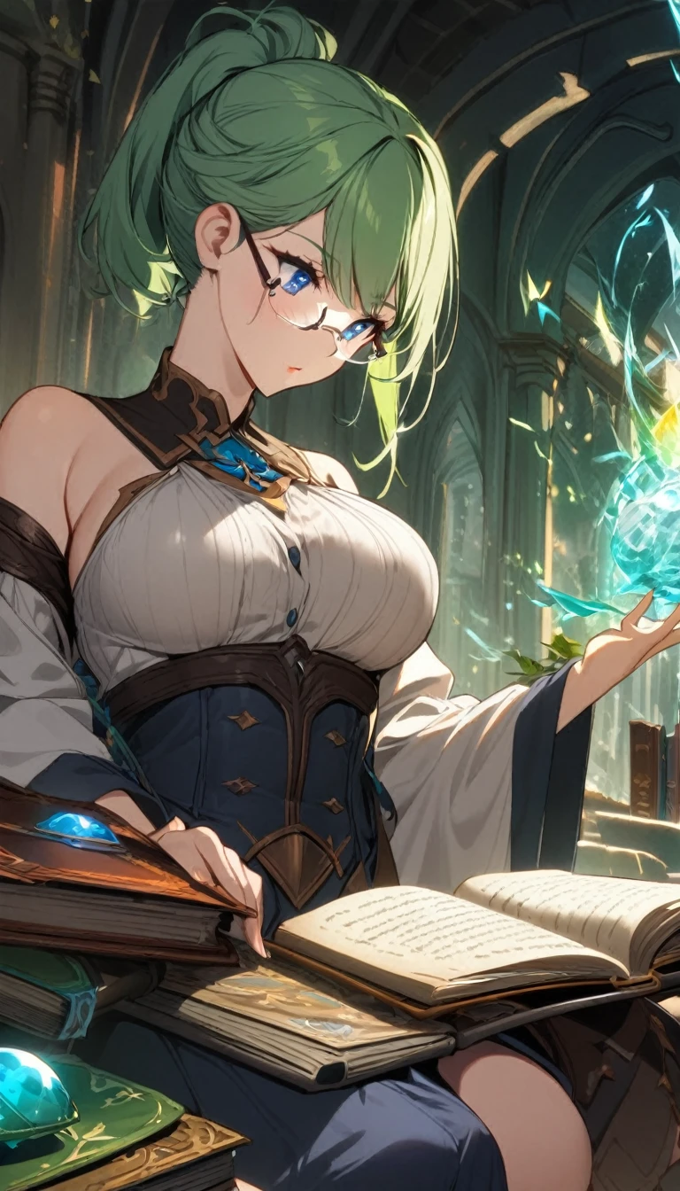 1girl,green hair,short ponytail,rimless eyewear,blue eyes,large breasts,fantasy,book,