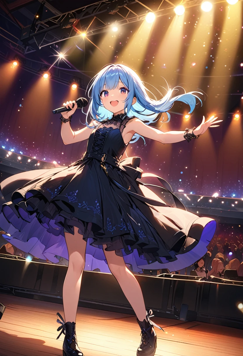 masterpiece, best quality, extremely detailed, (illustration, official art:1.1), 1 girl ,(((( light blue long hair)))), ,(((( light blue long hair)))),light blue hair, ,10 years old, long hair ((blush)) , cute face, big eyes, masterpiece, best quality,(((((a very delicate and beautiful girl))))),Amazing,beautiful detailed eyes,blunt bangs((((little delicate girl)))),tareme(true beautiful:1.2), sense of depth,dynamic angle,,,, affectionate smile, (true beautiful:1.2),(flat chest)), official art,extremely detailed CG unity 8k wallpaper, perfect lighting,(masterpiece:1.0), (best_quality:1.0), ultra high res, 4K, ultra-detailed, 8K, HDR, highres, absurdres:1.2, blurry background, bokeh:1.2, lens flare, , (microphone:1.5),(gothic dress:1.5),open mouth a little,light smile,
ear monitor, (upskirt:0.8), uphair, from side,
masterpiece, best quality, concert venue, 1girl, solo, stage in the background, stage lighting, stage spotlight, dancing, singing, smile,