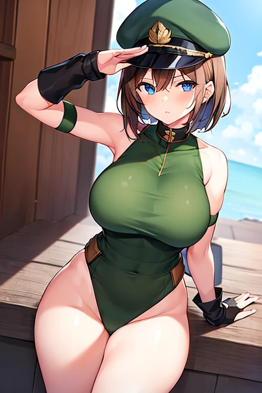 1girl, military hat, hat, brown hair, cap, very short hair, blue eyes, military, green leotard, salute, serious, leotard, thick thighs, mature female, toned, bare legs, shoes, cleavage, huge breasts, wide hips