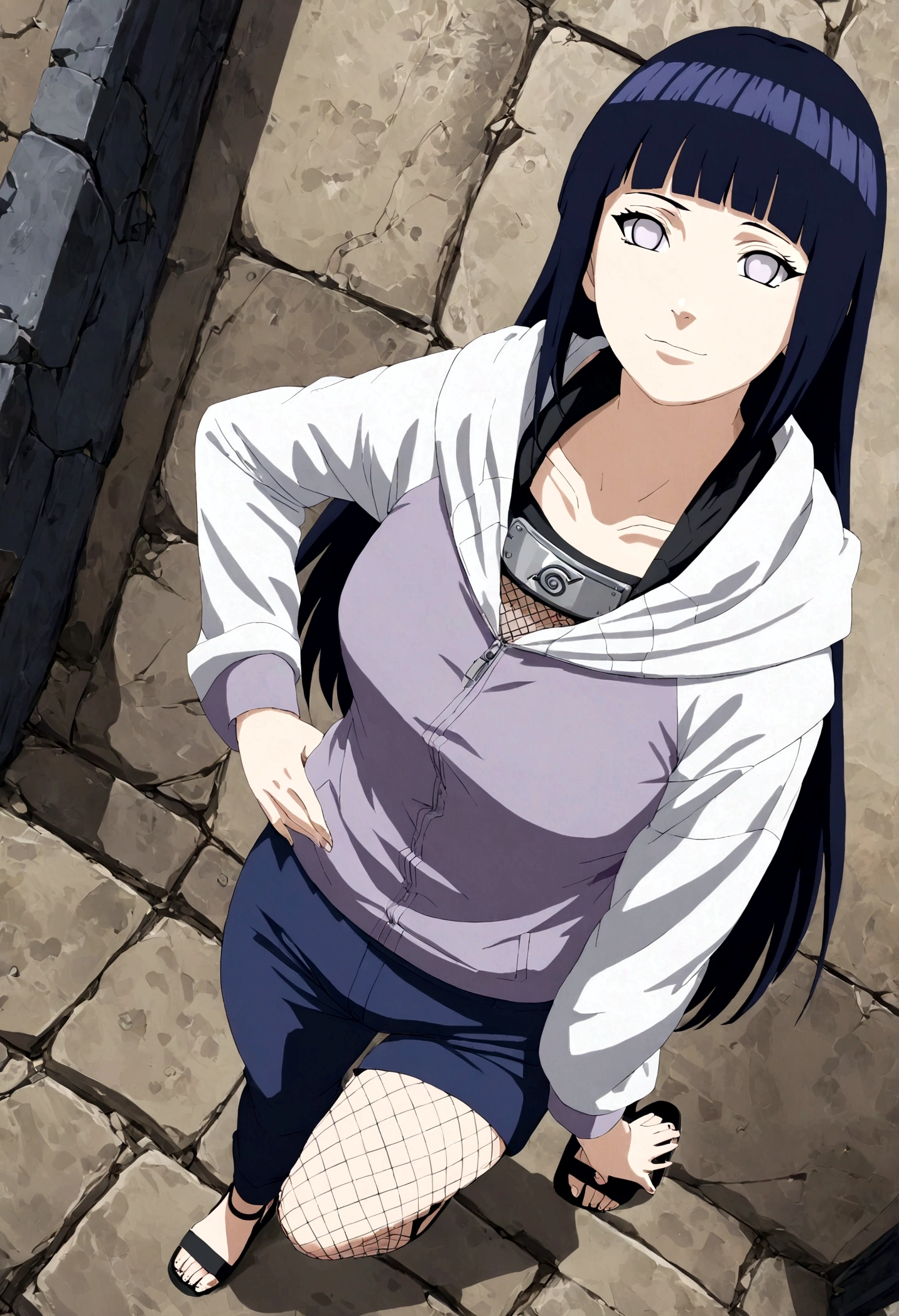 1girl, Hinata Hyuga, hand on hip, long hair, blunt bangs, dark blue hair, white eyes, no pupils, forehead protector, konohagakure symbol, purple and white hooded jacket, fishnets, blue pants, holster, bandage on thigh, open sandals, hoodie, zipper, seductive smile, looking at viewer, (masterpiece, best quality, Professional, perfect composition, very aesthetic, absurdres, ultra-detailed, intricate details:1.3)