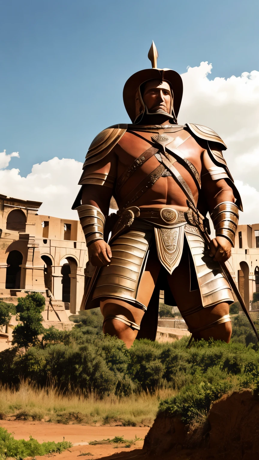 hombre gigante con armadura de gladiador con un paisaje de la vieja roma