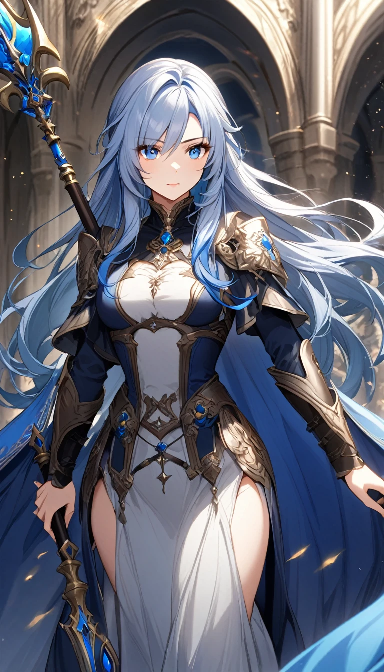 1lady,noble,(blue hair)|(gray hair)0.5,long hair,blue eyes,medium breasts,fantasy,holding spear,