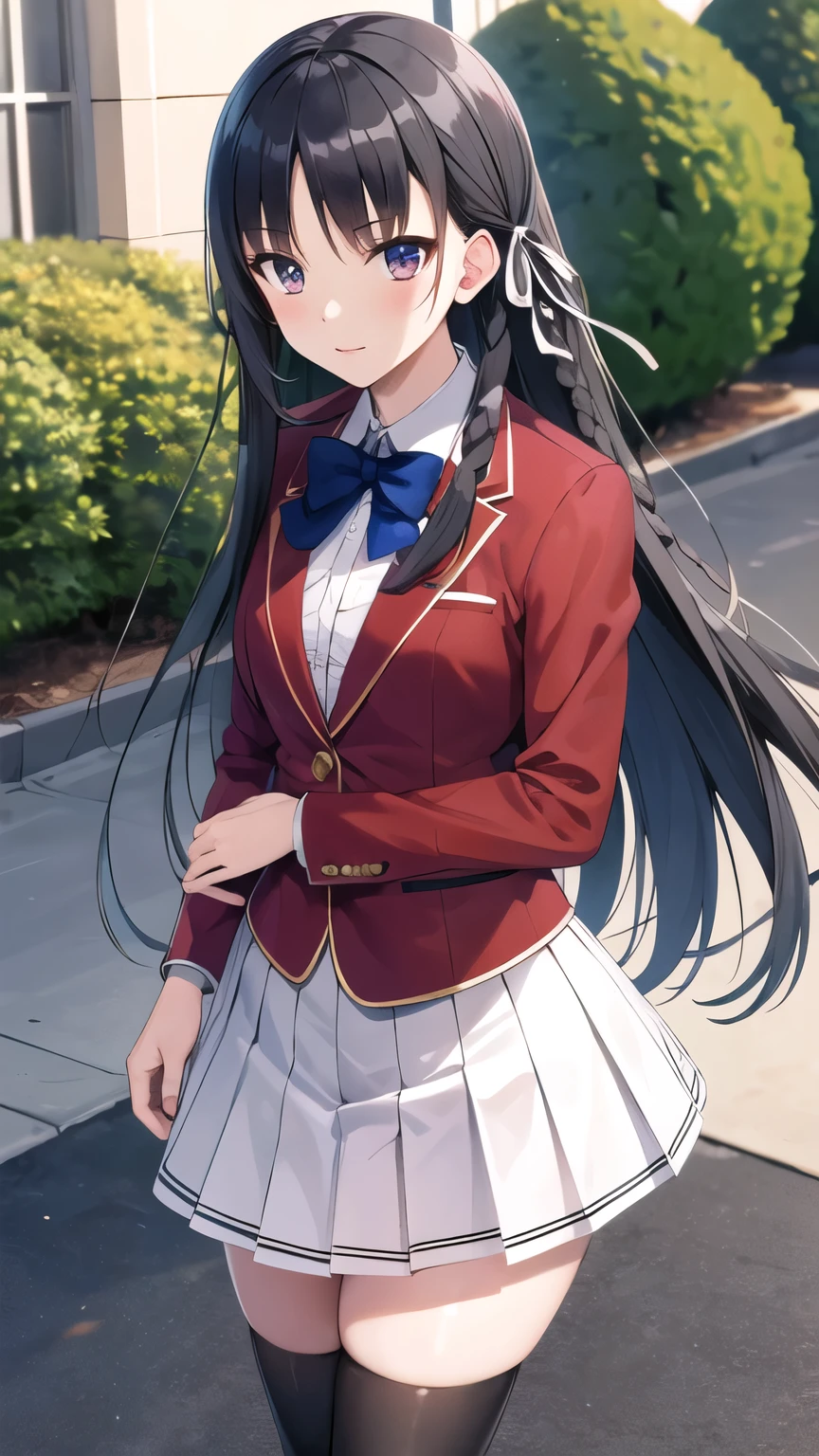 masterpiece, best quality, highres, Horikita Suzune, long hair, black hair, (single braid:1.2), hair ribbon, red jacket, blazer, blue bowtie, long sleeves, white skirt, black thighhighs, standing, cowboy shot, outdoors