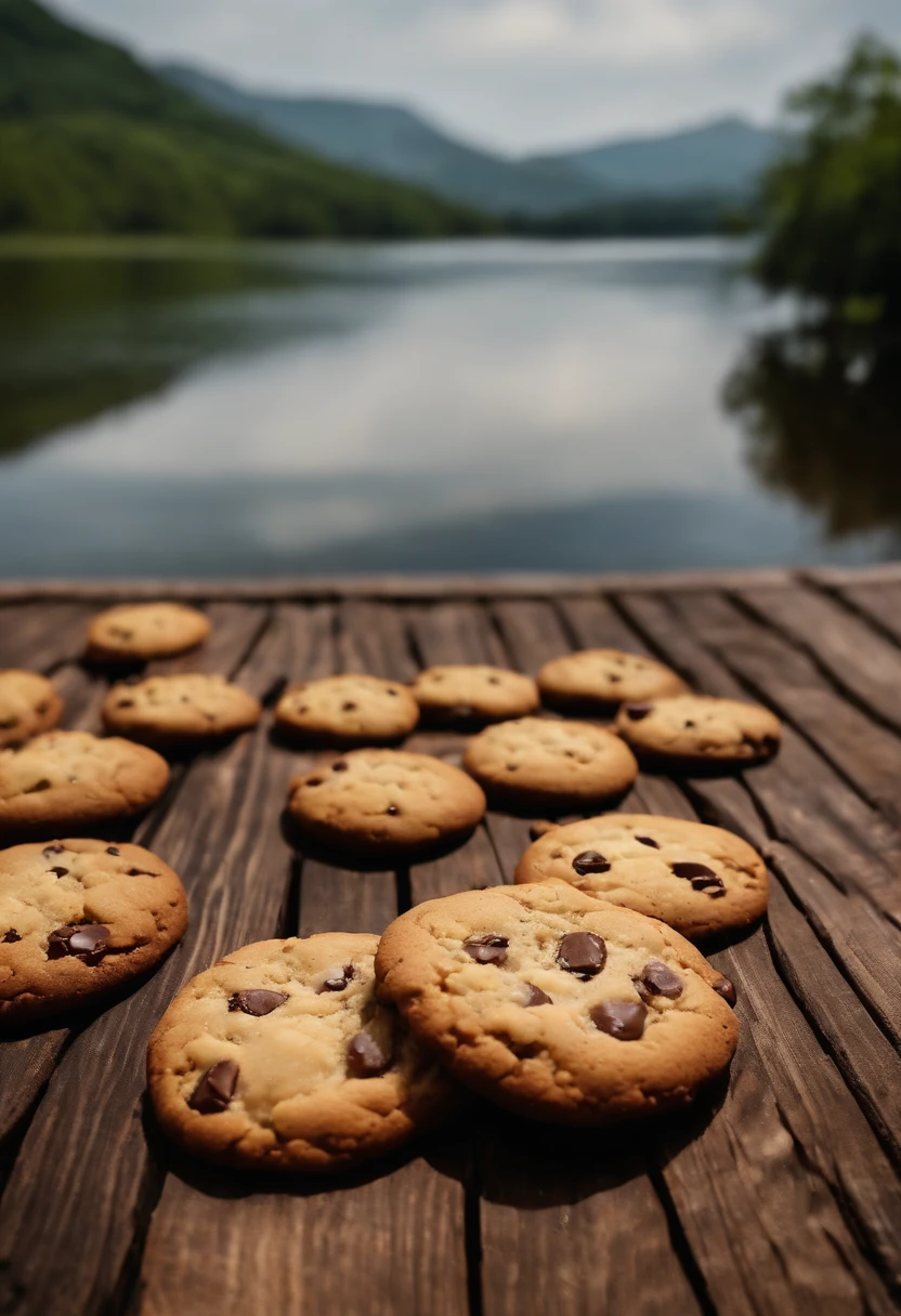 (((4k, high resolution, foto profissional))), gerar a imagem se um biscoito cookie, cookie, de gotas de chocolate e nozes, on a rustic wooden counter, ao fundo um lago, colinas e cachoeiras, biscoito cookie a frente, profundidade de campo, behind the scenery of a lake and hills. Cookie de gotas de chocolate e nozes. Realista. Photo by the best photographer in the world