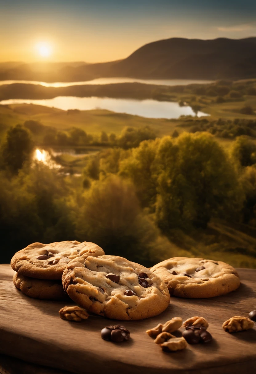 (((4k, high resolution, foto profissional))), gerar a imagem se um biscoito cookie, cookie, de gotas de chocolate e nozes, on a rustic wooden counter, ao fundo um lago, colinas e cachoeiras, biscoito cookie a frente, profundidade de campo, behind the scenery of a lake and hills. Cookie de gotas de chocolate e nozes. Realista. Photo by the best photographer in the world