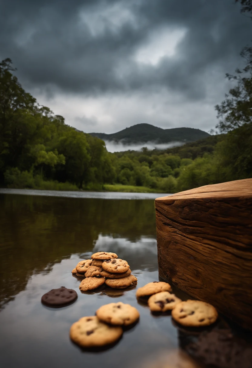 (((4k, high resolution, foto profissional))), gerar a imagem se um biscoito cookie, cookie, de gotas de chocolate e nozes, on a rustic wooden counter, ao fundo um lago, colinas e cachoeiras, biscoito cookie a frente, profundidade de campo, behind the scenery of a lake and hills. Cookie de gotas de chocolate e nozes. Realista. Photo by the best photographer in the world 