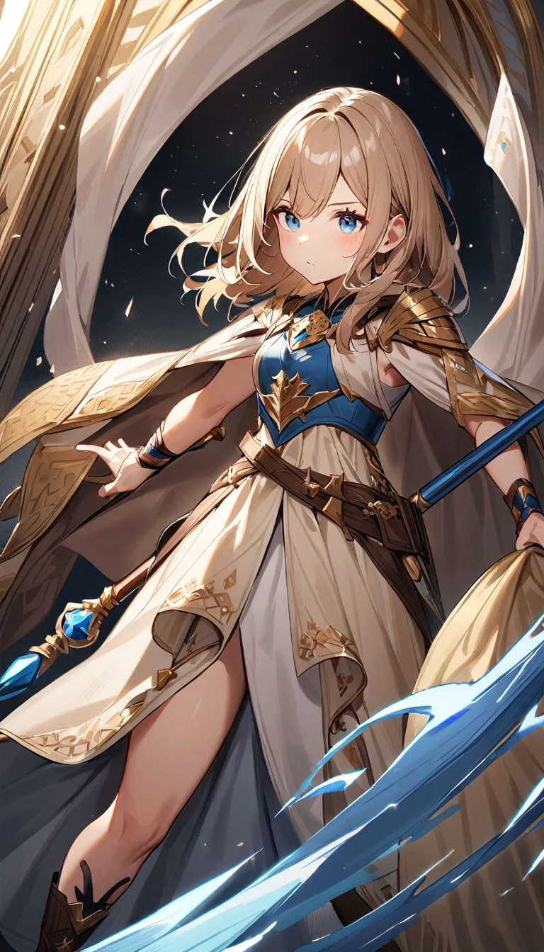 1girl,light brown color and medium length hair,blue eyes,fantasy,staff