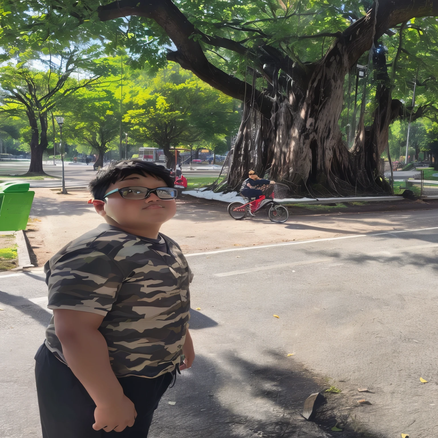 there is a boy standing in the middle of a park, em um parque, em um parque, parque em segundo plano, com um parque ao fundo, em um parque da cidade, no Parque, com um parque nos fundos, no Parque, no Parque on a beautiful day, tree in the background, trees in the background