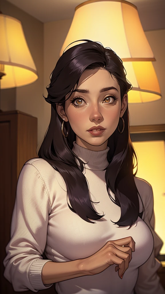 Close-up of a woman with long hair and a sweater, cabelo castanho encaracolado, linda modelo, retrato de alta qualidade, medium portrait soft light, parece a jovem liv tyler, retrato colorido, linda mulher, cabelo loiro cacheado | d & d, beautiful portrait lighting, uma linda jovem, modelo muito lindo, Retrato de 50mm, medium - long cabelo castanho encaracolado