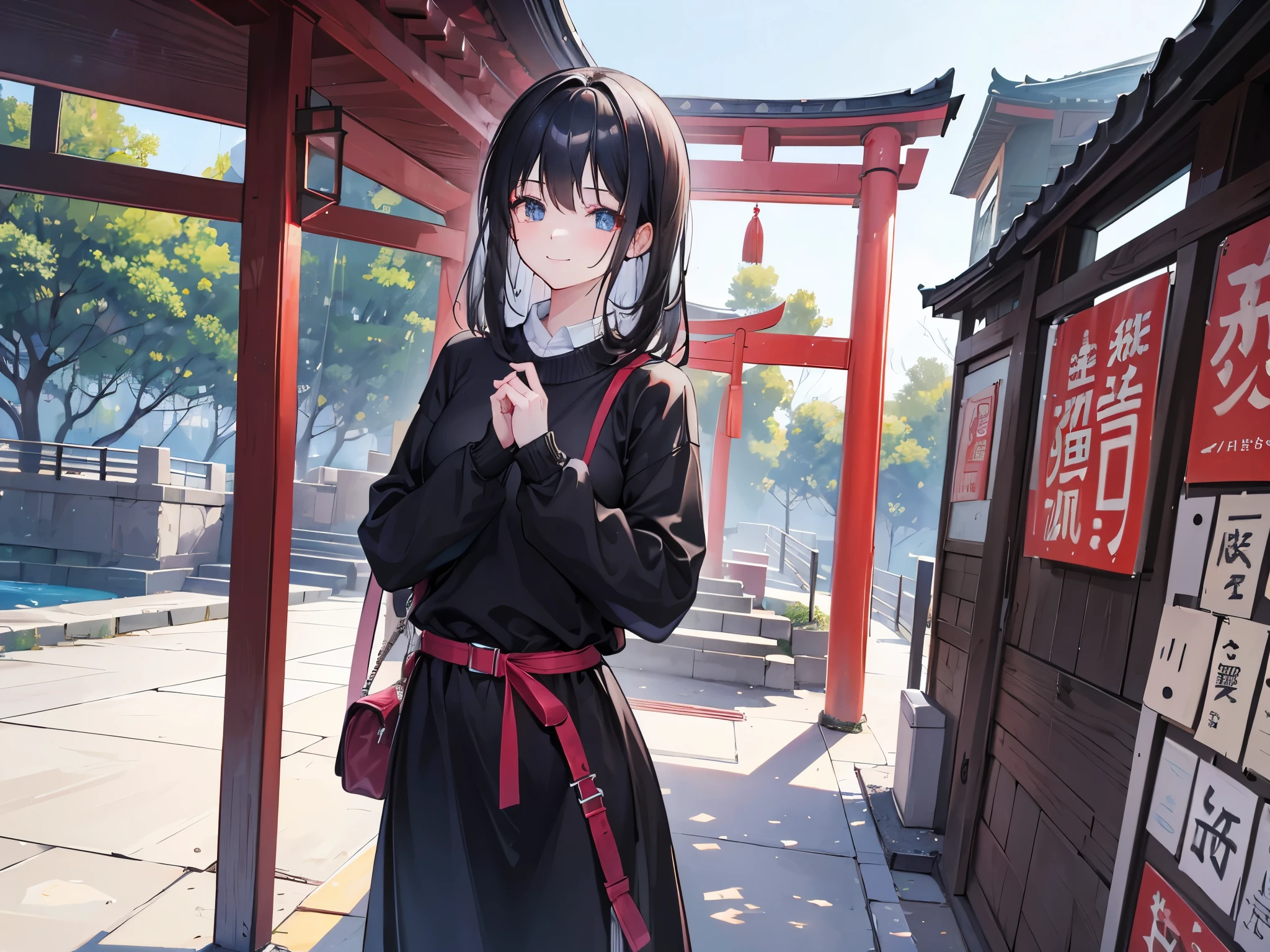 4K photo of an 18-year-old girl with dark black hair and a black belt。 Wear a sweater dress for girls。 Walk through the shrine with happiness and smiles。