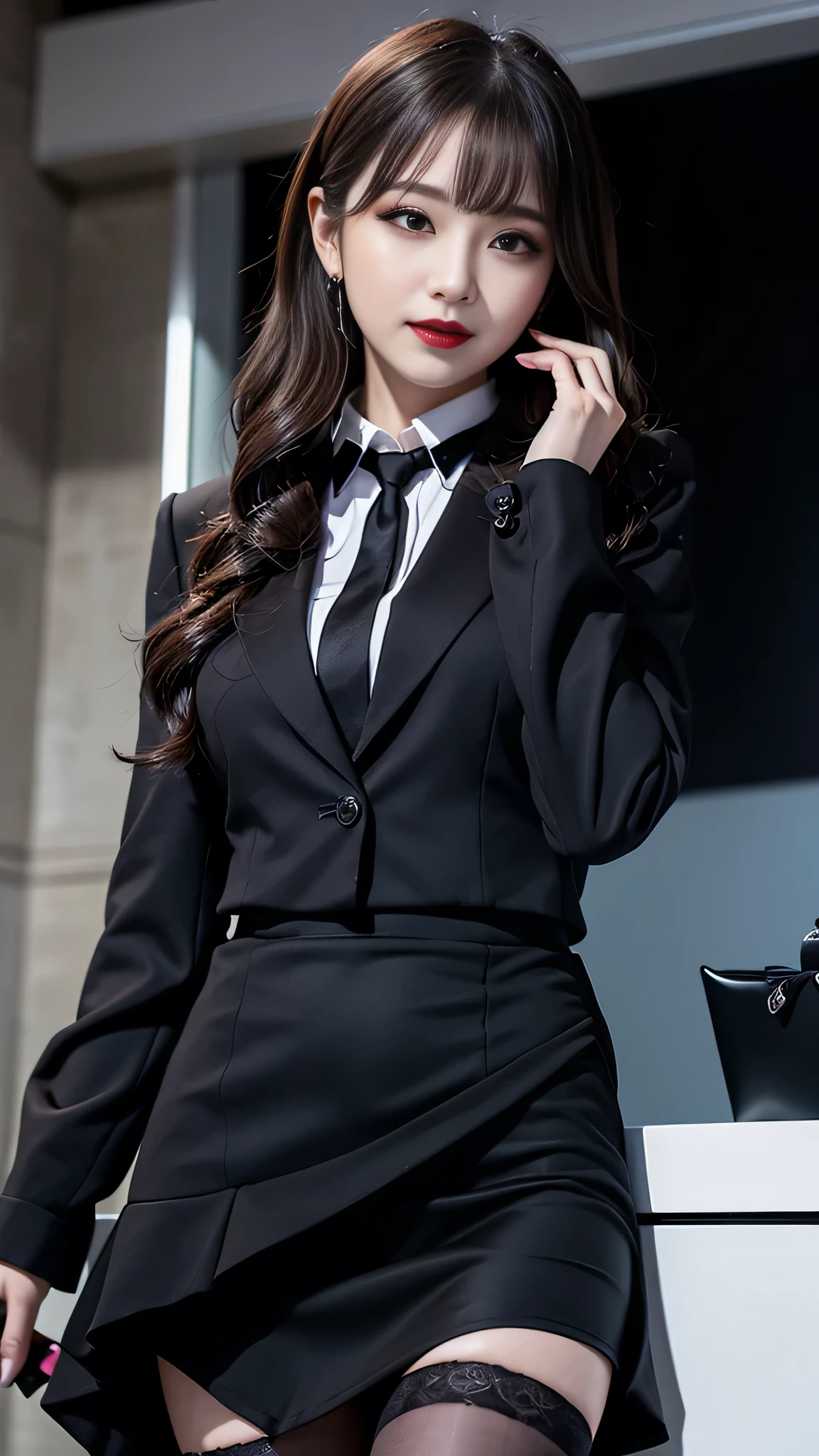 best quality、ultra-detailed、4k、Japanese、Seductive beauty、seductive adult woman、Pretty Woman、cool girl、Villainess、Brainwashed、brainwash、Fallen into evil、smirk、Evil look、Wicked Smile、evil、Brown hair、wavy hair、swept bangs、dark makeup、dark makeup、piercing eyes、hollow eyes,half-closed eyes、Hollow Eyes、purple Eyeshadow、black lipstick、black lipglos、office staff black suit、black suit、blackJacket、Black sleeves、Black Shirt、Black Ribbon、black Tight Skirt、pantyhose、night、inside darkroom、Are standing、shoot from below、Have lipstick、reaching、Are standing、Look、Crest of Darkness、Swear allegiance、I have pledged my allegiance、Dye black、Blackening、Stained with evil、Dyed in darkness、Seduce、Don't show your chest