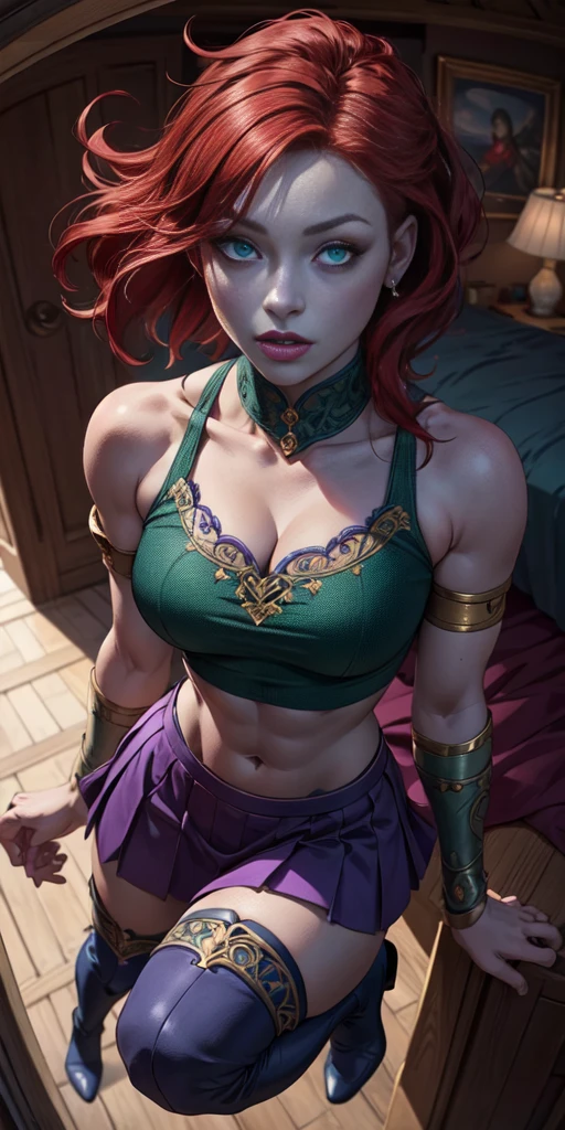 (masterpiece, best quality, 4k, detailed, intricate, realistic),floating in midair,above bedroom,from above,fisheye lens, female drow blue purple skin, red hair,gorget, crop top, armlet, vambraces, midriff, skirt, purple skirt, thigh boots,green eyes