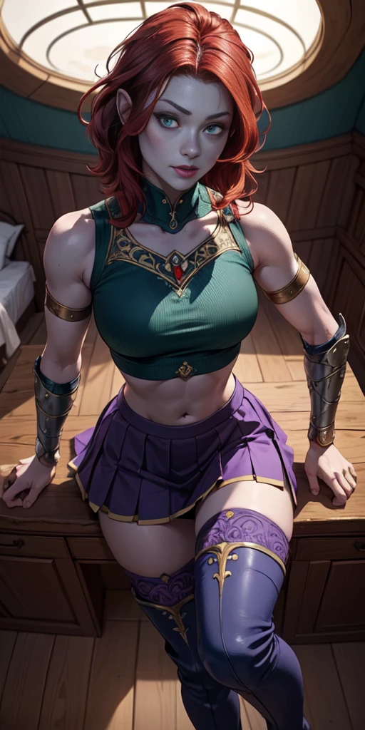 (masterpiece, best quality, 4k, detailed, intricate, realistic),floating in midair,above bedroom,from above,fisheye lens, female drow blue purple skin, red hair,gorget, crop top, armlet, vambraces, midriff, skirt, purple skirt, thigh boots,green eyes