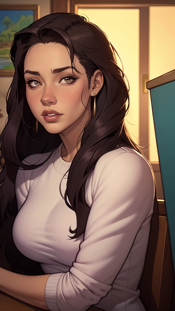 Fundo branco um close up de um desenho animado de um homem e uma mulher, arte de pintura digital dos desenhos animados, pintura digital de desenho animado, arte em quadrinhos ocidental, arte dos desenhos animados style, arte dos desenhos animadosstyle, por Jason Chan, por Ryan Yee, arte dos desenhos animados, western comic style, arte conceitual de desenho animado, cartoon style illustration, velho Oeste, detailed fanartClose up of a woman with long hair and a sweater, cabelo castanho encaracolado, linda modelo, retrato de alta qualidade, medium portrait soft light, parece a jovem liv tyler, retrato colorido, linda mulher, cabelo loiro cacheado | d & d, beautiful portrait lighting, uma linda jovem, modelo muito lindo, Retrato de 50mm, medium - long cabelo castanho encaracolado