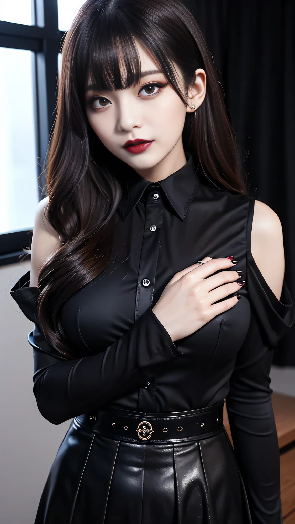 best quality、ultra-detailed、4k、Japanese、Seductive beauty、seductive adult woman、Pretty Woman、cool girl、Villainess、Brainwashed、brainwash、Fallen into evil、smirk、Evil look、Wicked Smile、evil、Brown hair、wavy hair、swept bangs、dark makeup、dark makeup、piercing eyes、hollow eyes,half-closed eyes、Hollow Eyes、purple Eyeshadow、black lipstick、black lipglos、office staff black suit、black suit、blackJacket、Black sleeves、Black Shirt、Black Ribbon、black Tight Skirt、pantyhose、night、inside darkroom、Are standing、shoot from below、Have lipstick、reaching、Are standing、Look、Crest of Darkness、Swear allegiance、I have pledged my allegiance、Dye black、Blackening、Stained with evil、Dyed in darkness、Seduce、Don't show your chest