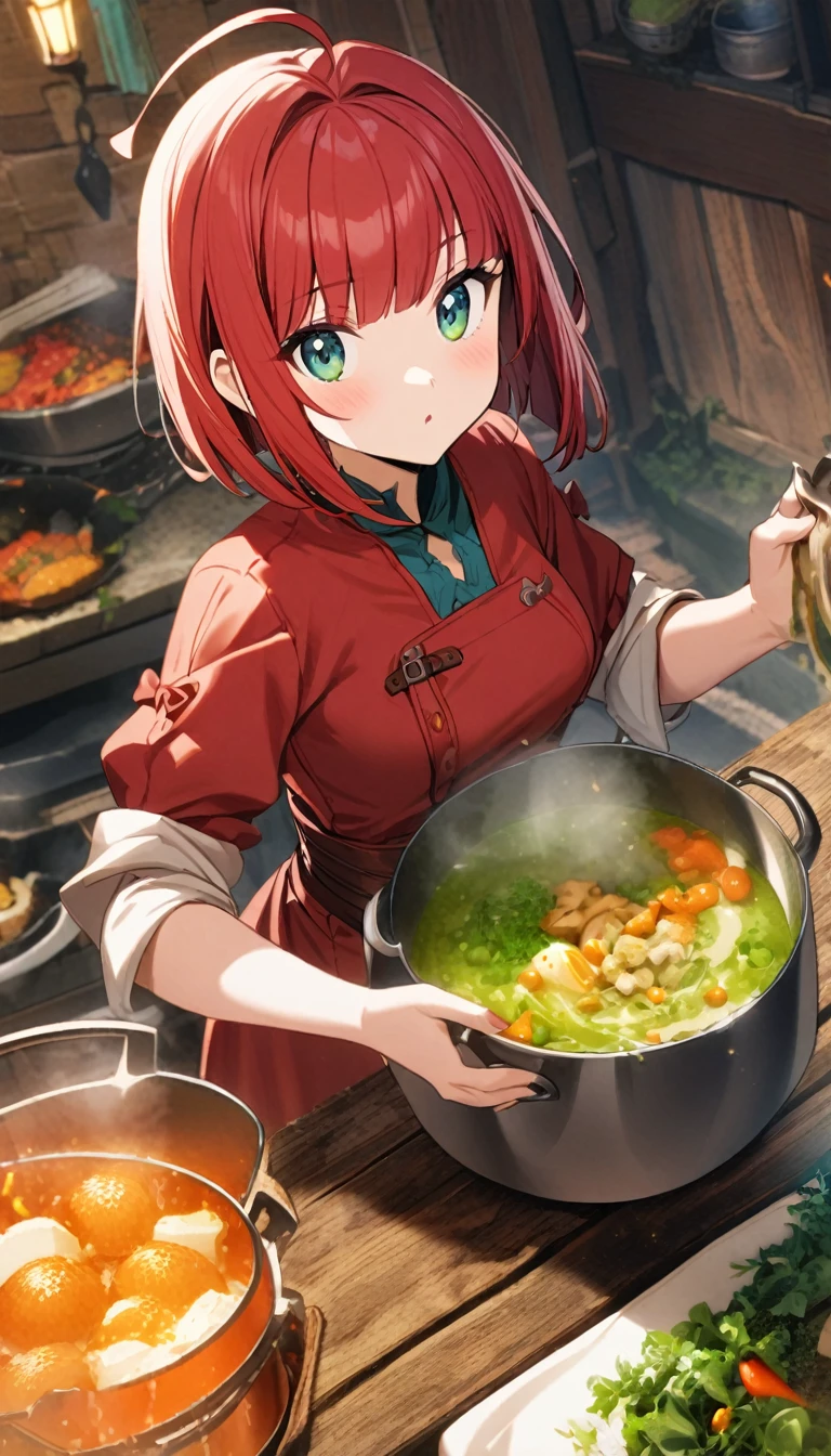 1girl,rubyred hair,bowlcut hair,half circle ahoge,blue green eyes,fantasy,cook