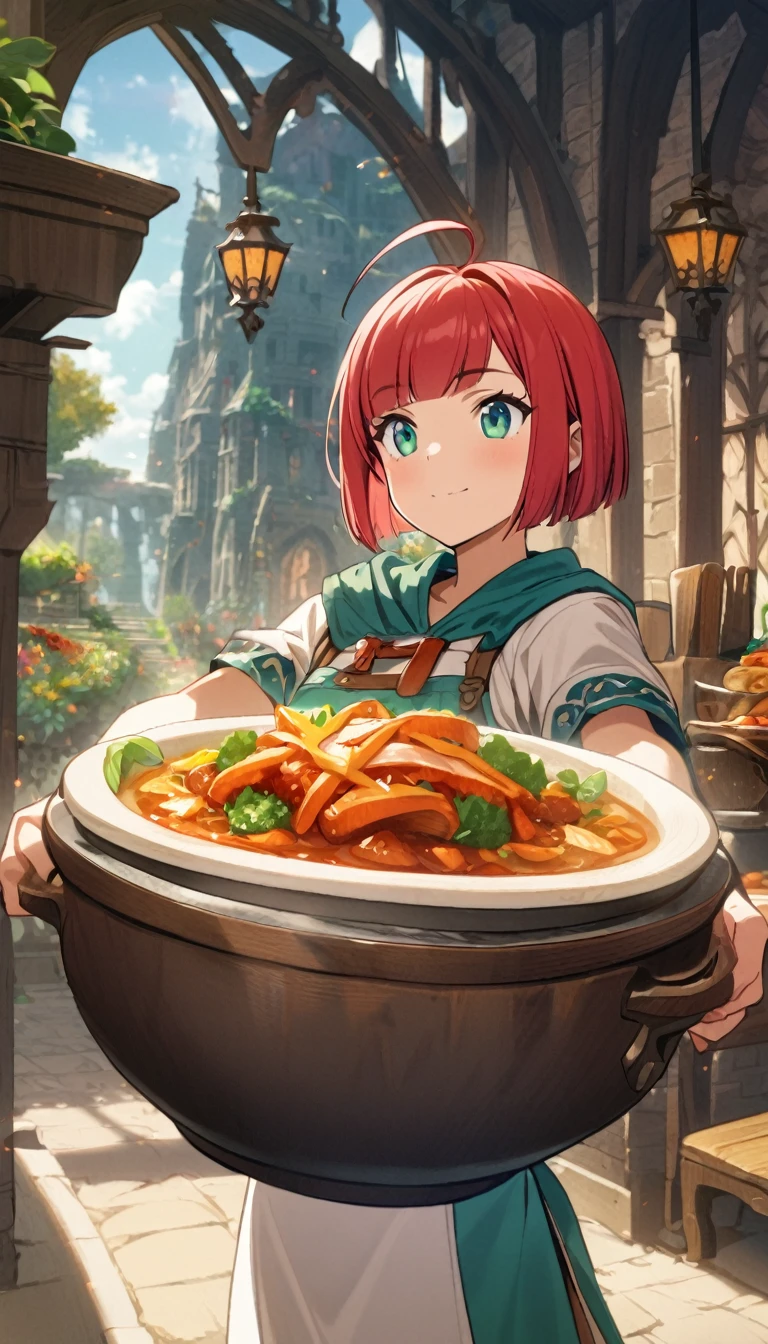 1girl,rubyred hair,bowlcut hair,half circle ahoge,blue green eyes,fantasy,cook