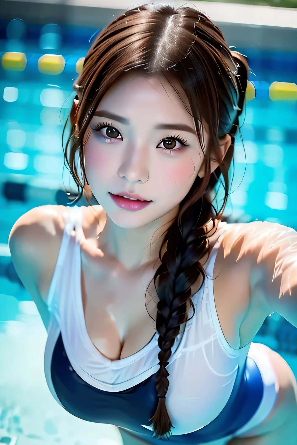 (((Beautiful woman swimming in a competitive pool:1.3))),(((Sports towel))), (Competitive swimming suits:1.7)),(((White one piece swimsuit))),Crying face,tears,Cute Face,(Reddish brown wet shiny hair)、(Floral braided headband、Half Up、Floral,),(Space Knitting、Voluminous fishtail braid、Twisted pan、)、(The bangs are see-through)、hairpin、hair ornaments、Blushing、Pointed red mouth、Perfect round face,iris,(Perfect body curves),Big Breasts.Professional Lighting,Cinematic Light,(Tabletop,highest quality,Ultra-high resolution output images,) ,(8K quality),(Picture Mode Ultra HD),
