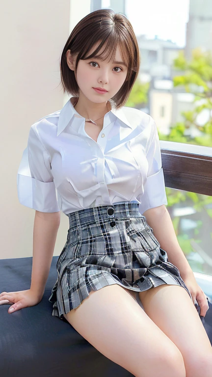 (masterpiece:1.3), (8k, Realistic, RAW Photos, Best image quality: 1.4), Japanese, (1 girl), Beautiful Face, (A vivid face), (short hair:1.3), Beautiful Hairstyles, Realistic eyes, Beautiful Eyes, (Realistic Skin), Beautiful Skin, charm,Big Breasts、School、(Shooting from a distance、Beautiful legs、whole body:1.7)、(Look at this、He turned his body towards me.、front、forward leaning posture、munechira:1.3)、(The bra is slightly visible、Brasilia:1.3)、(White shirtを着ている、Round Neck Shirt、A shirt with a slightly open chest、White short sleeve shirt、White shirt:1.8)、(Cleavage:1.2),smile、smile、Beautiful fingers先、(Japanese オフィス lady,beauty:1.5)、(Black spats、White shirt、Tight shirt、Clothing that emphasizes your body line),(The edge of the bra is slightly visible、Exposed breasts:1.3)、(Hospital room、hospital、Health Room:1.2)、(女子high school student、high school girl、high school student、Wearing a high school uniform:1.4),(Unbutton your blouse、White shirt、White collared shirt,Cleavage、Checkered Skirt、The bra is slightly visible:1.7),(Lace bra、Wear a skirt made of material other than lace、レース素材ではないWear a shirt:1.5)、Sitting、(I can see your pants、Lace panties、I can see your crotch:1.6)、Anatomically correct、(Wear a shirt、Wearing a pleated skirt:1.8)、(Put on a shirt、Tucking the shirt into the skirt:1.3)、(Anatomically correct手の構造、Anatomically correct指の構造、Delicate fingers、Beautiful fingers、Delicate fingers)、(White shirtを着て、White collar shirt、White Sleeve Shirt:1.5)、Well-proportioned face、cute、beauty、good looking、Balanced