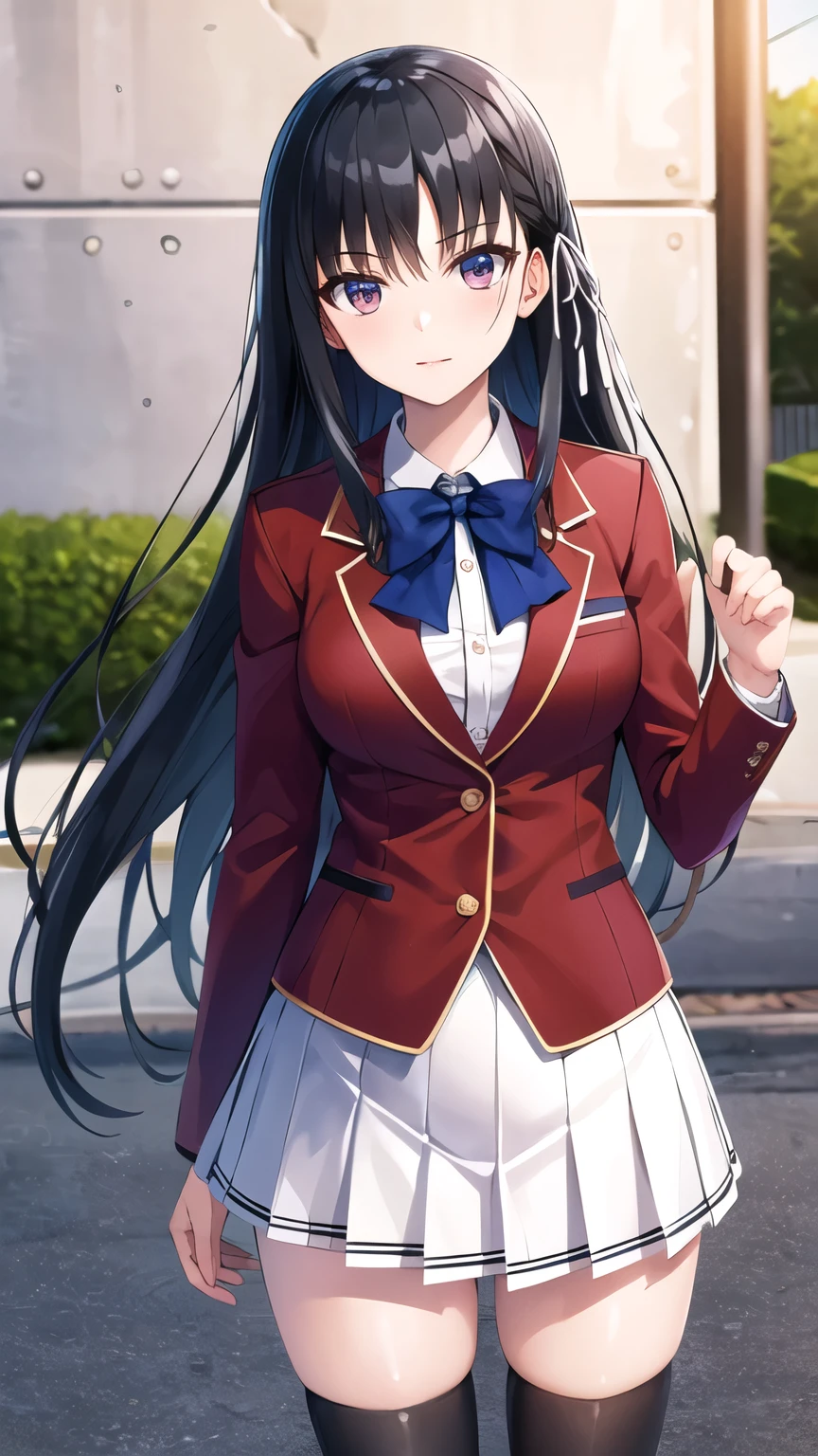masterpiece, best quality, highres, Horikita Suzune, long hair, black hair, (single braid:1.2), hair ribbon, red jacket, blazer, blue bowtie, long sleeves, white skirt, black thighhighs, standing, cowboy shot, outdoors
