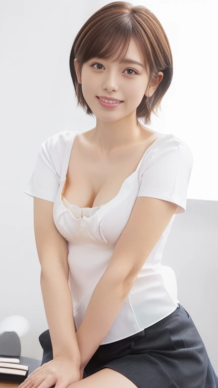 (masterpiece:1.3), (8k, Realistic, RAW Photos, Best image quality: 1.4), Japanese, (1 girl), Beautiful Face, (Lively Faces), (short hair:1.3), Beautiful Hairstyles, Realistic eyes, Beautiful Eyes, (Realistic Skin), Beautiful Skin, charm,Big Breasts、office、(Shooting from a distance、Beautiful feet、whole body:1.7)、(Look here、He turned his body towards me、front、forward leaning posture、munechira:1.3)、(The bra is slightly visible、Brasilia:1.3)、(White shirtを着ている、Round Neck Shirt、A shirt with a slightly open chest、White short sleeve shirt、White shirt:1.8)、(Cleavage:1.2),smile、smile、Beautiful fingertips、(Japanese office lady,beauty:1.5)、(Black spats、White shirt、Tight shirt、Clothing that emphasizes your body line),(The edge of the bra is slightly visible、Exposed breasts、Brasilia:1.3)