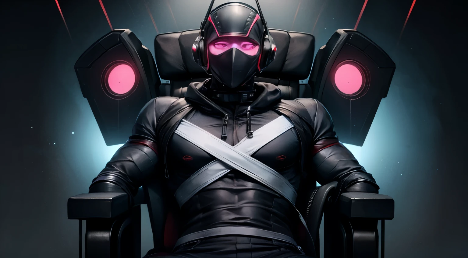 muscle drone, brainwashed, strapped in chair, male, hypntozed, neck injection, hypno visor