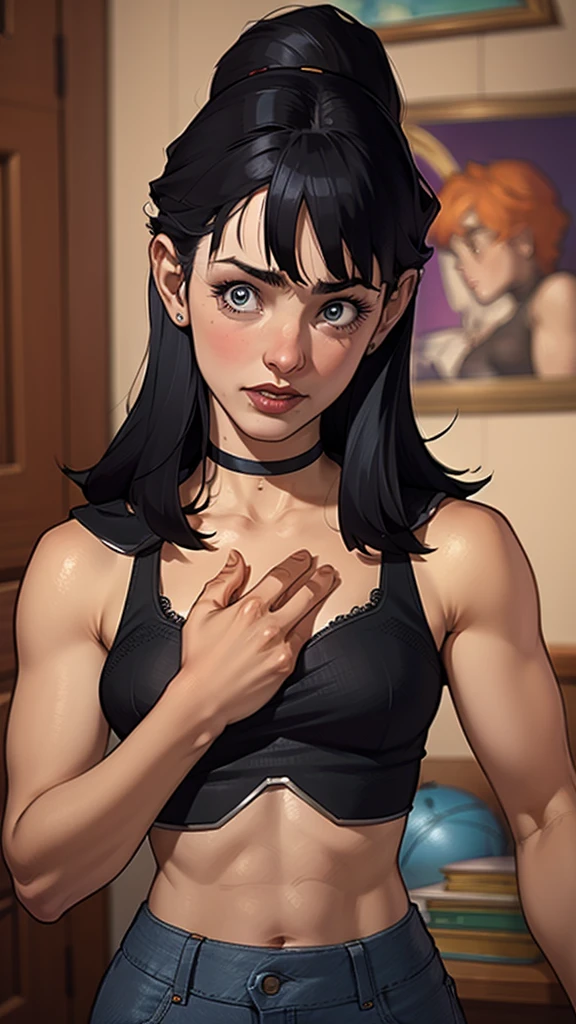 A closeup of a woman in a black top and a black bra, estilo de arte de charlie bowater, Estilo Charlie Bowater, retrato de vampiro, arte do personagem charlie bowater, Alena Aenami e Artgerm, Neoartcore e Charlie Bowater, Charlie Bowater cores ricas e profundas, lazy art style, Artgerm e Tom Bagshaw