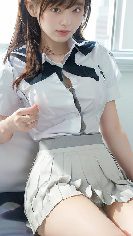 (masterpiece:1.3), (8k, Realistic, RAW Photos, Best image quality: 1.4), Japanese, (1 girl), Beautiful Face, (A vivid face), (short hair:1.3), Beautiful Hairstyles, Realistic eyes, Beautiful Eyes, (Realistic Skin), Beautiful Skin, charm,Big Breasts、School、(Shooting from a distance、Beautiful legs、whole body:1.7)、(Look at this、He turned his body towards me.、front、forward leaning posture、munechira:1.3)、(The bra is slightly visible、Brasilia:1.3)、(White shirtを着ている、Round Neck Shirt、A shirt with a slightly open chest、White short sleeve shirt、White shirt:1.8)、(Cleavage:1.2),smile、smile、Beautiful fingers先、(Japanese オフィス lady,beauty:1.5)、(Black spats、White shirt、Tight shirt、Clothing that emphasizes your body line),(The edge of the bra is slightly visible、Exposed breasts:1.3)、(Hospital room、hospital、Health Room:1.2)、(女子high school student、high school girl、high school student、Wearing a high school uniform:1.4),(Unbutton your blouse、White shirt、White collar付きのシャツ,Cleavage、Teal and grey checked skirt、Fine plaid、Plain Shirt、無地のWhite shirt、Plain collar、White collar、The bra is slightly visible:1.7),(Lace bra、Wear a skirt made of material other than lace、レース素材ではないWear a shirt:1.5)、Sitting、(I can see your pants、Lace panties、I can see your crotch:1.6)、Anatomically correct、(Wear a shirt、Wearing a pleated skirt:1.8)、(Put on a shirt、Tucking the shirt into the skirt:1.3)、(Anatomically correct手の構造、Anatomically correct指の構造、Delicate fingers、Beautiful fingers、Delicate fingers)、(White shirtを着て、White collar shirt、White Sleeve Shirt:1.5)、Well-proportioned face、cute、beauty、good looking、Balanced