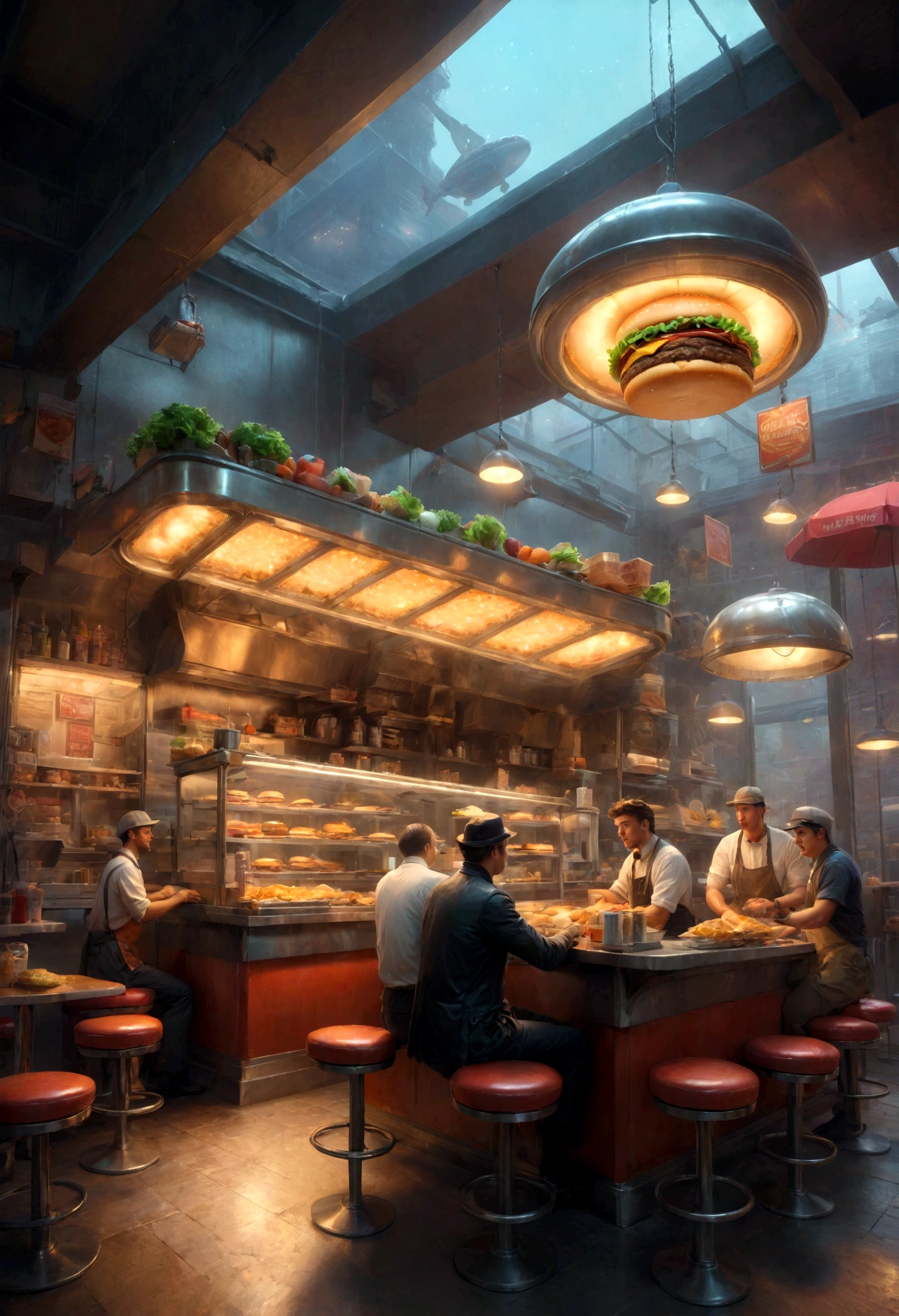 Patrick, Burger Shop, best quality, masterpiece, very aesthetic, perfect composition, intricate details, ultra-detailed