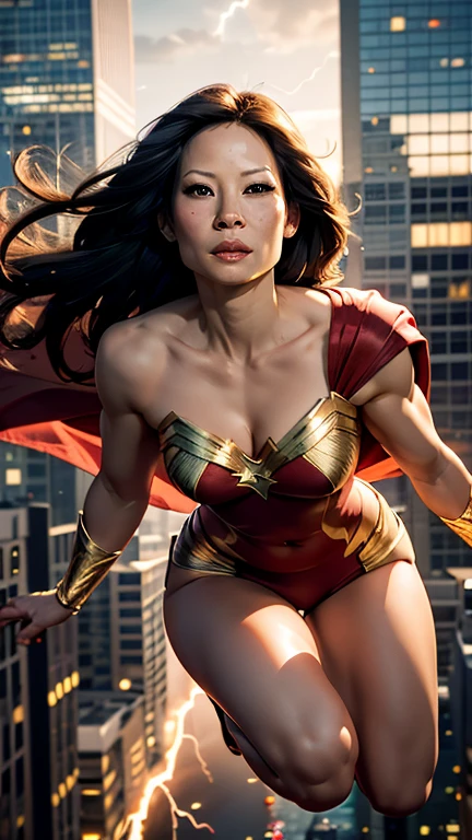 Lucy Liu as a feminine but muscular Shazam in the iconic red and gold outfit with the lightning bolt on the chest and a white cape that is being caught by a light wind, We look at her at ground level as she hovers in mid air between two tall buildings during the golden hour