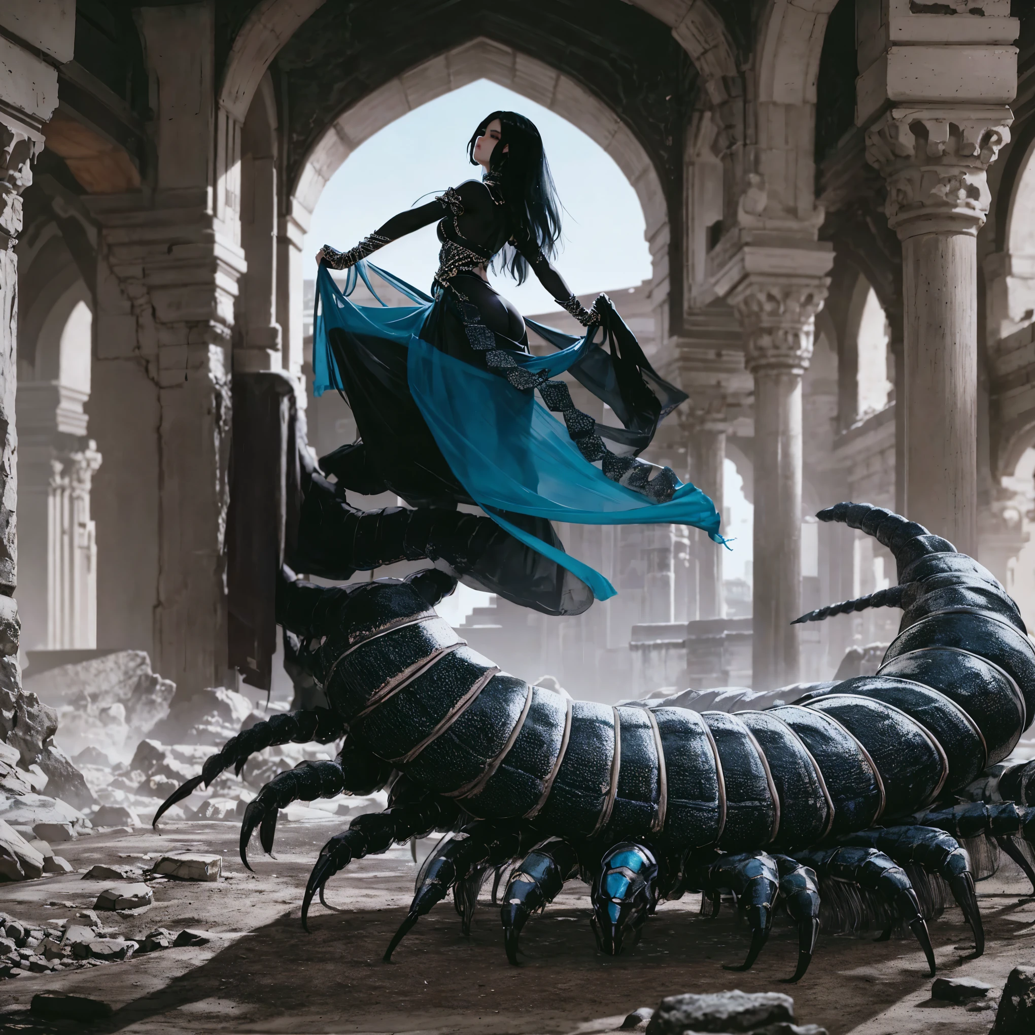 Centipede girl. Her image color black. Black body and blue leg Centipede. Arabian dancer fashion. close-up girl. ruins.