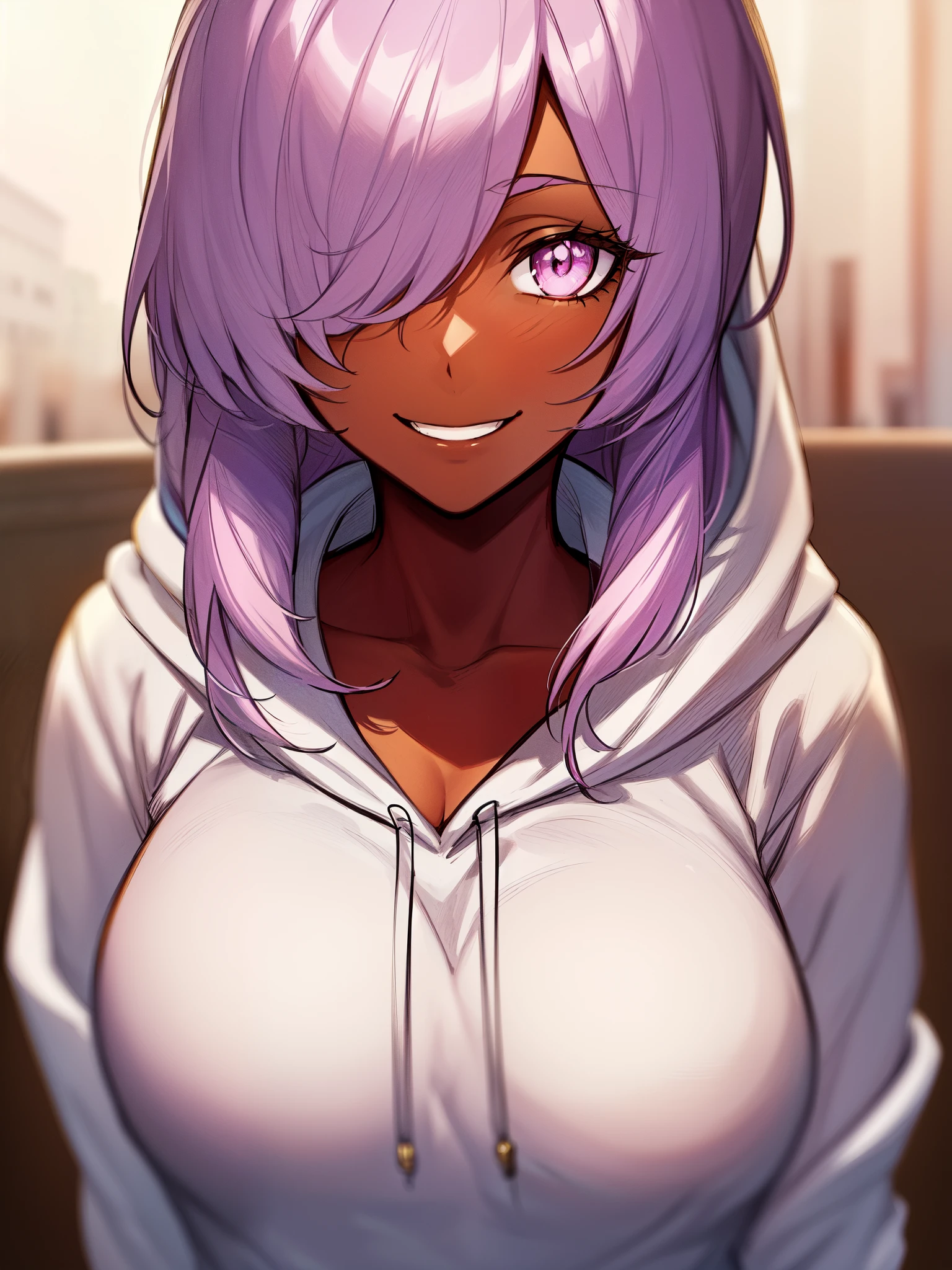 ((long hair)), ((hair over one eye)), ((curvy body)), ((light purple hair)), ((pink eyes), ((cheerful expression)), ((dark skin)), ((street clothing)), ((hoodie)), ((complementary colors)), ((mature female)), 1girl, beautifully drawn, high resolution illustration, best quality, High definition, ((detailed anime sketch)), Masterpiece, (solo), absurdres, portrait, ((upper body)), ((close-up)), detailed background, fine detail, female focus, HDR,
