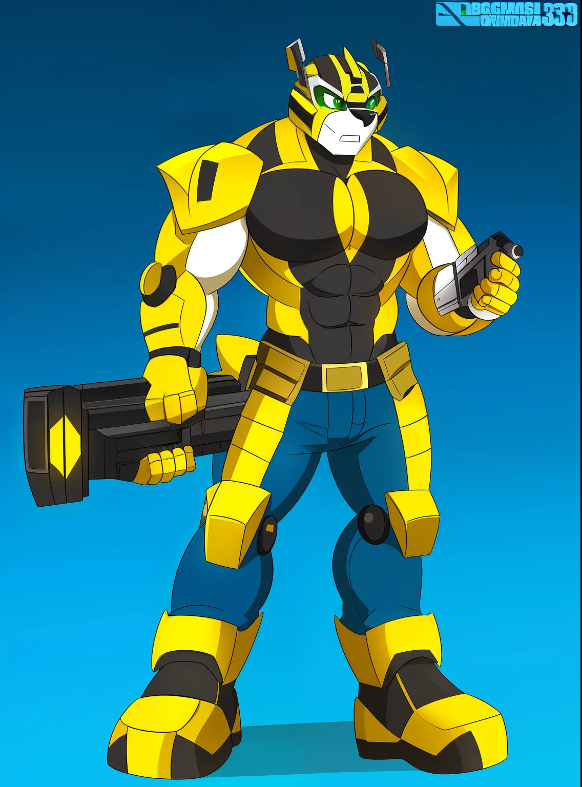 Solo, Male, Bumblebee (Transformers character), anthropomorphic, muscular, towering, furry, yellow and black fur, mechanical details, green eyes, standing, holding a gun with one hand, expression of surprise on his face, injured from a growth ray gun, a visible bullet wound on his chest, armor ripped, shirtless, blue jeans, leather boots.
uploaded on e621, ((by Optimus_Prime36, by Ratchet_23, by Optimus_Nova, by Grimlock_69, by Vector_Sigma, by Bumblebee_Fan01, by Soundwave_43, by Jazz_Girl