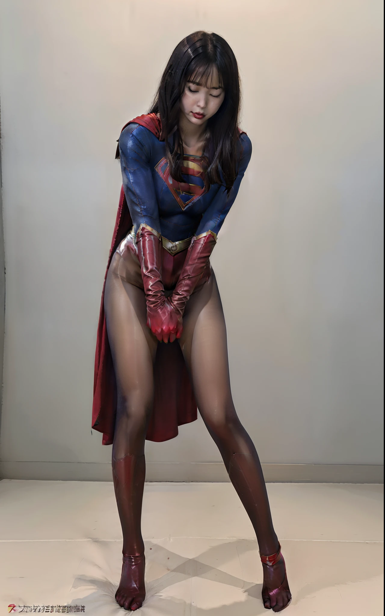 (((Make the most of your original images)))、(((Supergirl Costume)))、(((Go down)))、(((close your eyes、Sleep)))、((good、weak legs))、(((Downward、Pushdown)))、((get))、((suffering))、((Doll condition))、((suffering))、(((Wear red gloves)))、(((Shiny black hair)))