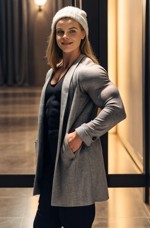 Sydney Sweeney,  a  heavily muscled iffb pro female bodybuilder 
 Looking at Viewer, cinematic lighting, Perfect fit, soft light, High resolution skin:1.2, realistic skin texture、stylish look, full body, 24 years old   Alice Eve 、blue eyes,  small face、seductive smile, no makeup、Makeup is light、long cut hair、messy dark brown long hair、 disguised in a Christian Dior outfit coat, warm hat, cold day, winter, modern and elegant hotel background, 
