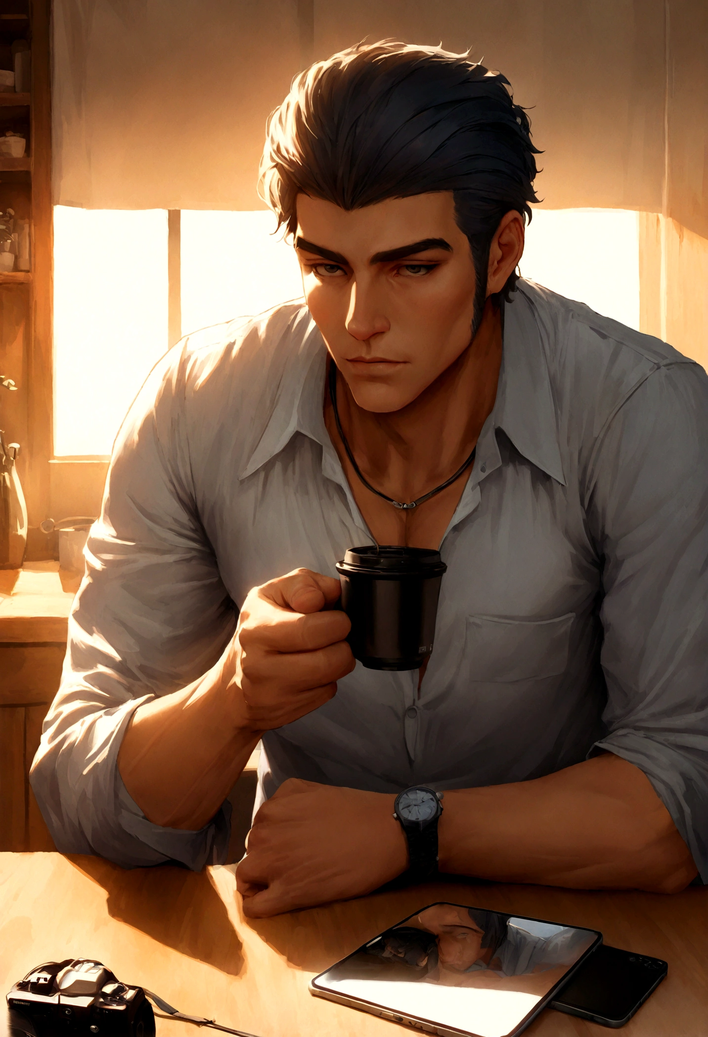 1 homem, um homem acima do peso de 45 anos, cabelo grisalho com corte moderno, primeiro o rei, oculos de leitura, watch on the arm, iPhone 15 on the counter, vestindo camisa branca de manga comprida e gravata, drinking coffee, soft lighting, obra-prima, melhor qualidade, 8k hd, DSLR, film grain, pintura fotorrealista Fujifilm XT3 art by midjourney de greg rutkowski