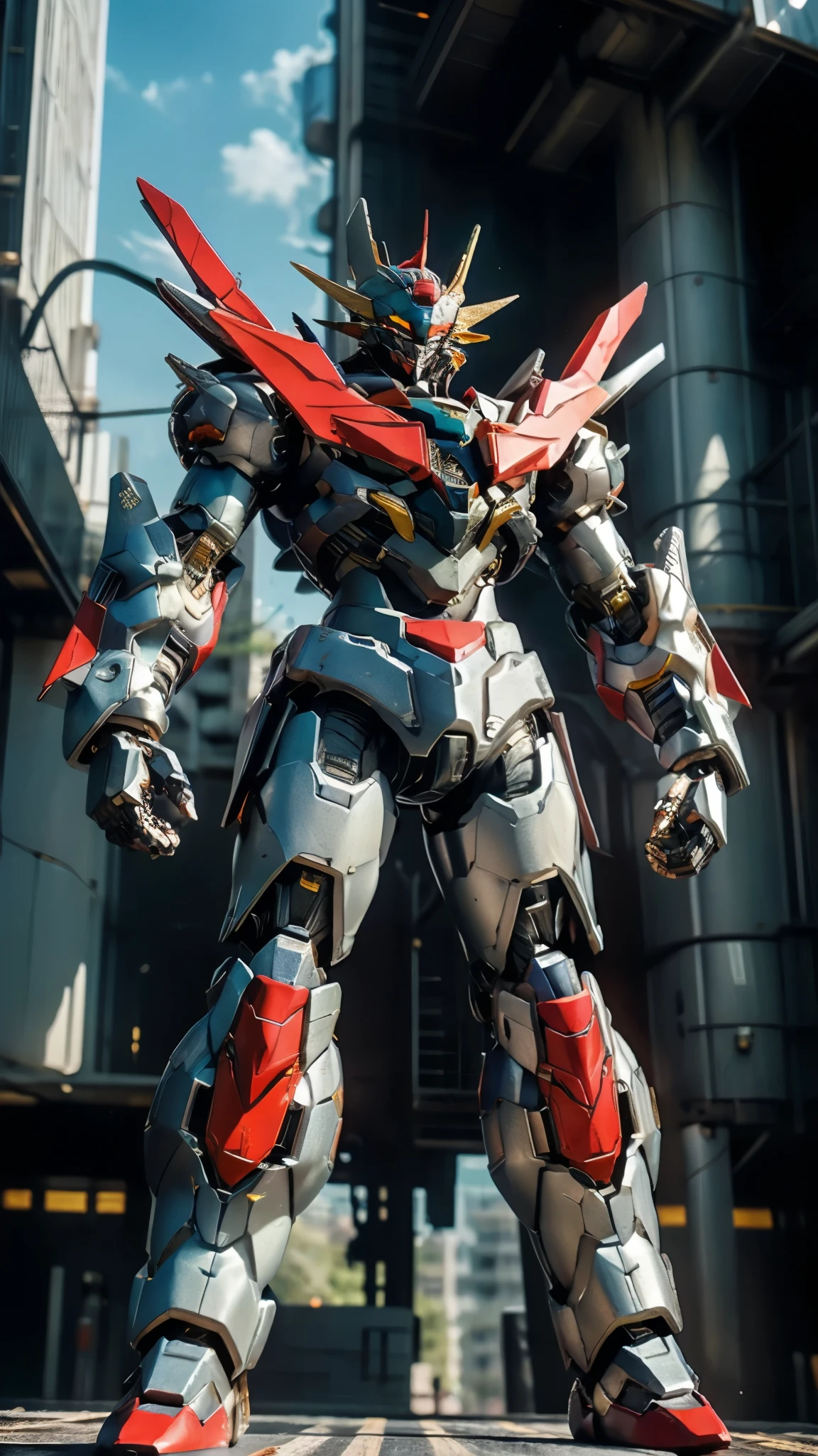 Humanoid Mecha, fully enclosed shoulder guards, matching arm and leg guards, full body, full armor, the design balances heavy with agility, (the color scheme is primarily white with red and blue accents, the concept Inspired by Mazinger Z, organic biotech armor, standing, floating high above the futuristic sci-fi city), exquisite and mature art style, (aura effect, energy, glowing eyes, the armor glows), Super robot, ((SRS)), metallic, dynamic, dramatic, high definition, best quality, highres, ultra-detailed, ultra-fine painting, extremely delicate, professional, perfect body proportions, anatomically correct, symmetrical face, extremely detailed eyes and face, high quality eyes, creativity, RAW photo, UHD, 32k, Natural light, cinematic lighting, masterpiece-anatomy-perfect, masterpiece:1.5