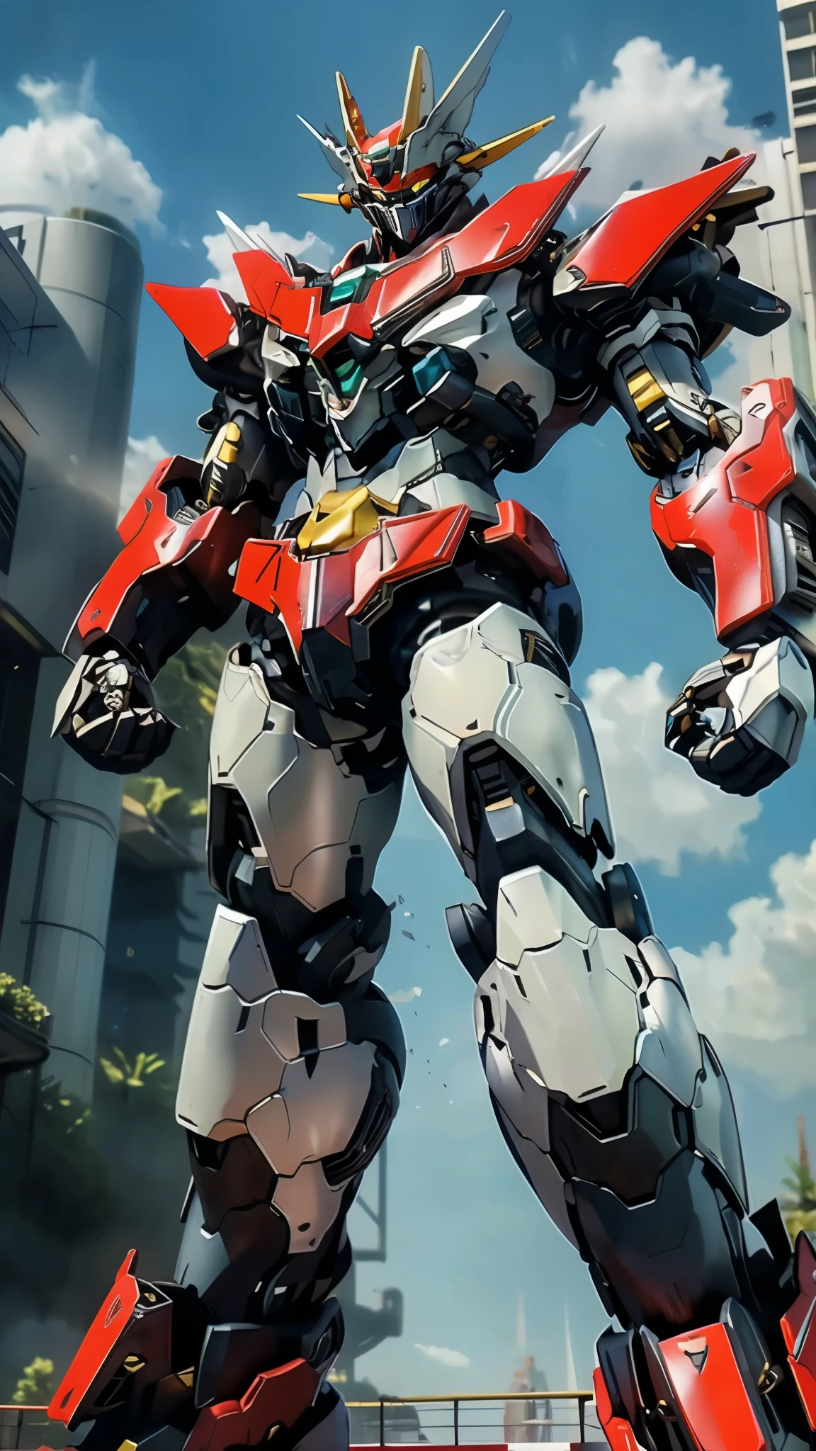 Humanoid Mecha, fully enclosed shoulder guards, matching arm and leg guards, full body, full armor, the design balances heavy with agility, (the color scheme is primarily white with red and blue accents, the concept Inspired by Mazinger Z, organic biotech armor, standing, floating high above the futuristic sci-fi city), exquisite and mature art style, (aura effect, energy, glowing eyes, the armor glows), Super robot, ((SRS)), metallic, dynamic, dramatic, high definition, best quality, highres, ultra-detailed, ultra-fine painting, extremely delicate, professional, perfect body proportions, anatomically correct, symmetrical face, extremely detailed eyes and face, high quality eyes, creativity, RAW photo, UHD, 32k, Natural light, cinematic lighting, masterpiece-anatomy-perfect, masterpiece:1.5