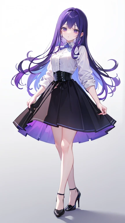 Purple Hair,Long Hair,Adult female,((White shirt with rolled up sleeves)),(corset),(mini skirt),(High heels),((A simple, blank white background)),smile,((full body)),((whole body)),
