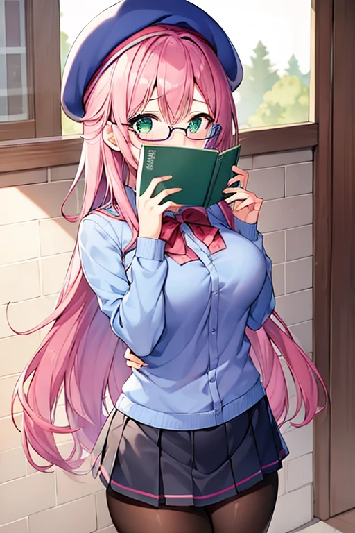 1girl, pink hair, beret, blue shirt, book, book over mouth, covering mouth, shy, timid, wavu hair, long hair, shirt, skirt, miniskirt, pantyhose, huge breasts, thick thighs, black pantyhose, green eyes, red glassea, glasses, mature female, 