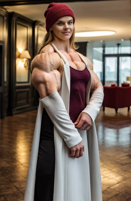 A heavily muscled iffb pro female bodybuilder 
 Looking at Viewer, cinematic lighting, Perfect fit, soft light, High resolution skin:1.2, realistic skin texture、stylish look, full body, 24 years old   Alice Eve 、blue eyes,  small face、seductive smile, no makeup、Makeup is light、long cut hair、messy dark brown long hair、 disguised in a Christian Dior outfit coat, warm hat, cold day, winter, modern and elegant hotel background, 