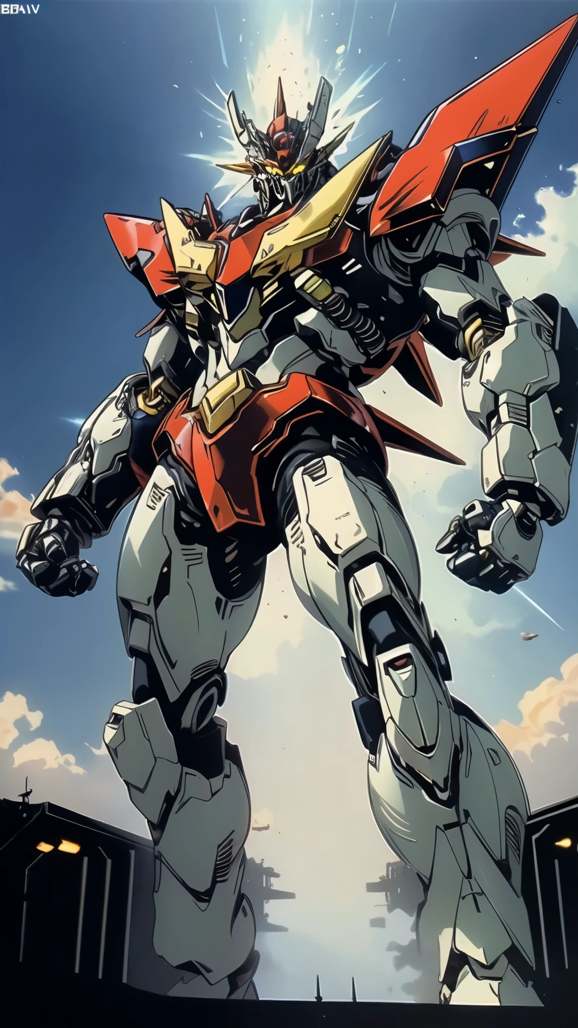 Humanoid Mecha, fully enclosed shoulder guards, matching arm and leg guards, full body, full armor, the design balances heavy with agility, (the color scheme is primarily white with red and blue accents, the concept Inspired by Mazinger Z, organic biotech armor, standing, floating high above the futuristic sci-fi city), exquisite and mature art style, (aura effect, energy, glowing eyes, the armor glows), Super robot, ((SRS)), metallic, dynamic, dramatic, high definition, best quality, highres, ultra-detailed, ultra-fine painting, extremely delicate, professional, perfect body proportions, anatomically correct, symmetrical face, extremely detailed eyes and face, high quality eyes, creativity, RAW photo, UHD, 32k, Natural light, cinematic lighting, masterpiece-anatomy-perfect, masterpiece:1.5