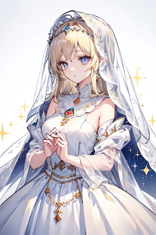((, Masterpiece: 1.5, best quality, high resolution: 1.3, super resolution, super detailed, ultra detailed: 1.3, Perfect Anatomy: 1.5, 1 woman ) pale skin + long wavy plain blonde hair + gray eyes + long eyelashes + female figure + medium chest (priestess' long soft dress, priestess's delicate jewelry, veil falling down her face) ((adorable open eyes, friendly cute expression, sparkle in eyes)) ((white dress))