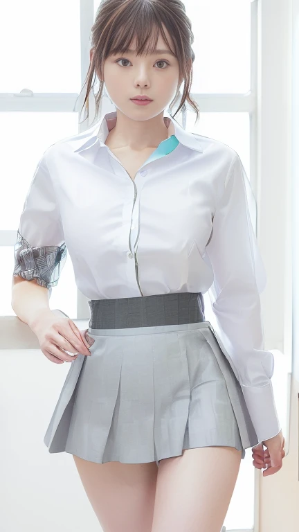 (masterpiece:1.3), (8k, Realistic, RAW Photos, Best image quality: 1.4), Japanese, (1 girl), Beautiful Face, (A vivid face), (short hair:1.3), Beautiful Hairstyles, Realistic eyes, Beautiful Eyes, (Realistic Skin), Beautiful Skin, charm,Big Breasts、School、(Shooting from a distance、Beautiful legs、whole body:1.7)、(Look at this、He turned his body towards me.、front、forward leaning posture、munechira:1.3)、(The bra is slightly visible、Brasilia:1.3)、(White shirtを着ている、Round Neck Shirt、A shirt with a slightly open chest、Plain Shirt、A shirt without a pattern、White short sleeve shirt、White shirt:1.8)、(Cleavage:1.2),smile、smile、Beautiful fingers先、(Japanese オフィス lady,beauty:1.5)、(Black spats、White shirt、Tight shirt、Clothing that emphasizes your body line),(The edge of the bra is slightly visible、Exposed breasts:1.3)、(Hospital room、hospital、Health Room:1.2)、(女子high school student、high school girl、high school student、Wearing a high school uniform:1.4),(Unbutton your blouse、White shirt、White collar付きのシャツ,Cleavage、Teal and grey checked skirt、Fine plaid、Plain Shirt、無地のWhite shirt、Plain collar、White collar、The bra is slightly visible:1.7),(Lace bra、Wear a skirt made of material other than lace、レース素材ではないWear a shirt:1.5)、Sitting、(I can see your pants、Lace panties、I can see your crotch:1.6)、Anatomically correct、(Wear a shirt、Wearing a pleated skirt:1.8)、(Put on a shirt、Tucking the shirt into the skirt:1.3)、(Anatomically correct手の構造、Anatomically correct指の構造、Delicate fingers、Beautiful fingers、Delicate fingers)、(White shirtを着て、White collar shirt、White Sleeve Shirt:1.5)、Well-proportioned face、cute、beauty、good looking、Balanced