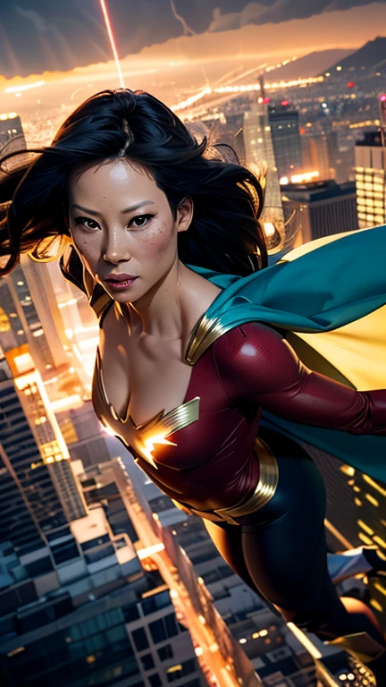 Lucy Liu as a feminine but muscular Shazam in the iconic red and gold outfit with the lightning bolt on the chest and a white cape that is being caught by a light wind, We look at her from ground level as she hovers in mid air between two tall buildings during the golden hour. cinematic , dramatic shot , telephoto, 8k stunning quality, RAW