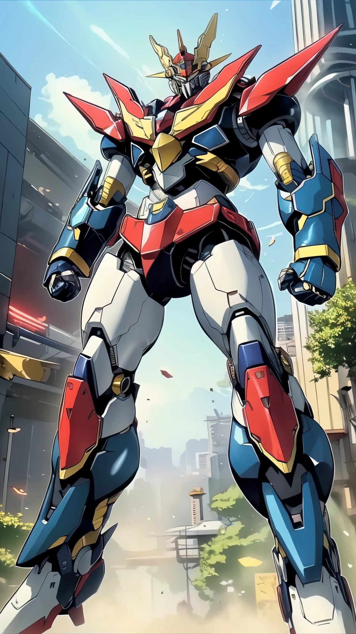 Humanoid Mecha, fully enclosed shoulder guards, matching arm and leg guards, full body, full armor, the design balances heavy with agility, (the color scheme is primarily white with red and blue accents, the concept Inspired by Mazinger Z, organic biotech armor, standing, floating high above the futuristic sci-fi city), exquisite and mature art style, (aura effect, energy, glowing eyes, the armor glows), Super robot, ((SRS)), metallic, dynamic, dramatic, high definition, best quality, highres, ultra-detailed, ultra-fine painting, extremely delicate, professional, perfect body proportions, anatomically correct, symmetrical face, extremely detailed eyes and face, high quality eyes, creativity, RAW photo, UHD, 32k, Natural light, cinematic lighting, masterpiece-anatomy-perfect, masterpiece:1.5