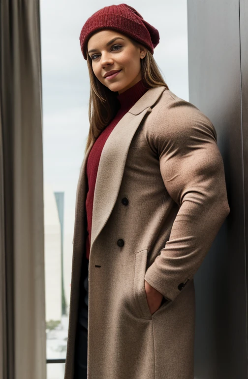 Sydney Sweeney, a heavily muscled iffb pro female bodybuilder
Looking at Viewer, cinematic lighting, Perfect fit, soft light, High resolution skin:1.2, realistic skin texture、stylish look, full body, 24 years old Alice Eve 、blue eyes, small face、seductive smile, no makeup、Makeup is light、long cut hair、messy dark brown long hair、 disguised in a Christian Dior outfit coat, warm hat, cold day, winter, modern and elegant hotel background,